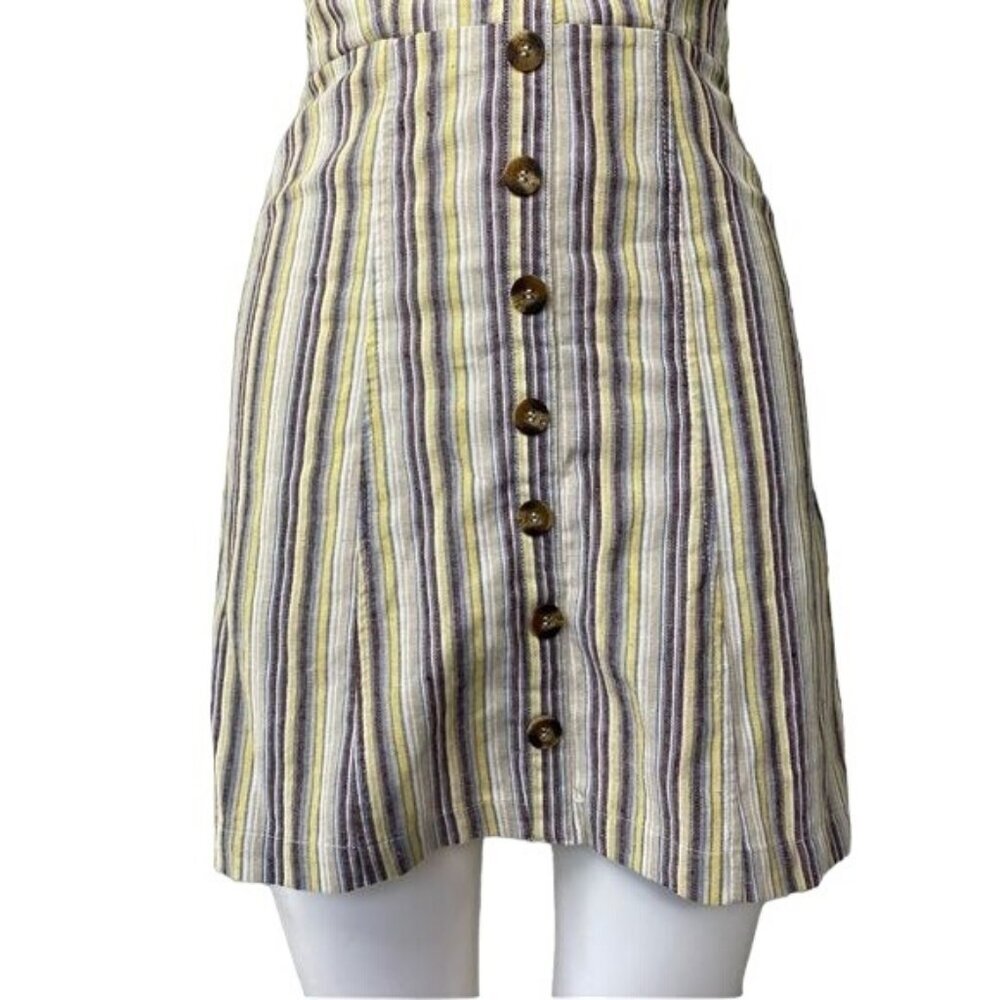 Mind Code Pin Striped Mini Linen Y2K Yellow Blue Brown Button Dress Size S - Picture 3 of 12